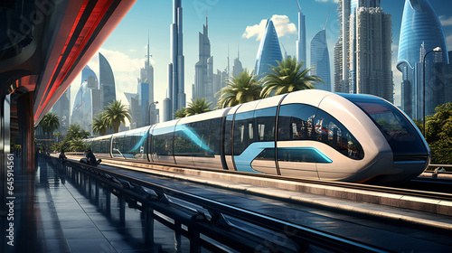 Dubai's Metro Railway Amid Glass Skyscrapers with Street Traffic and Museum of the Future © Saran