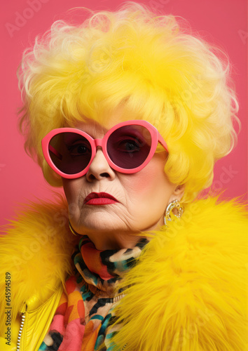 A strange old woman in a ridiculous bright yellow and pink outfit. City folk.