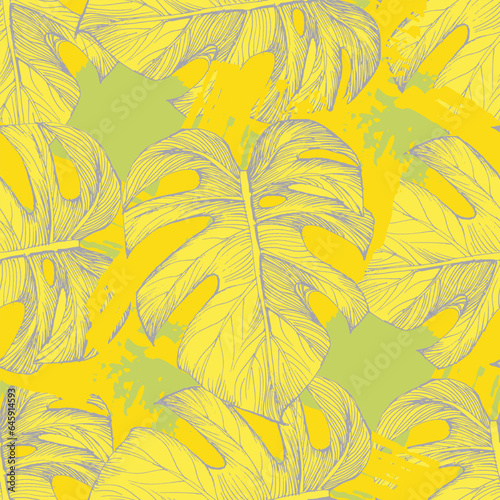 Seamless tropical pattern with stylized coconut palm leaves.