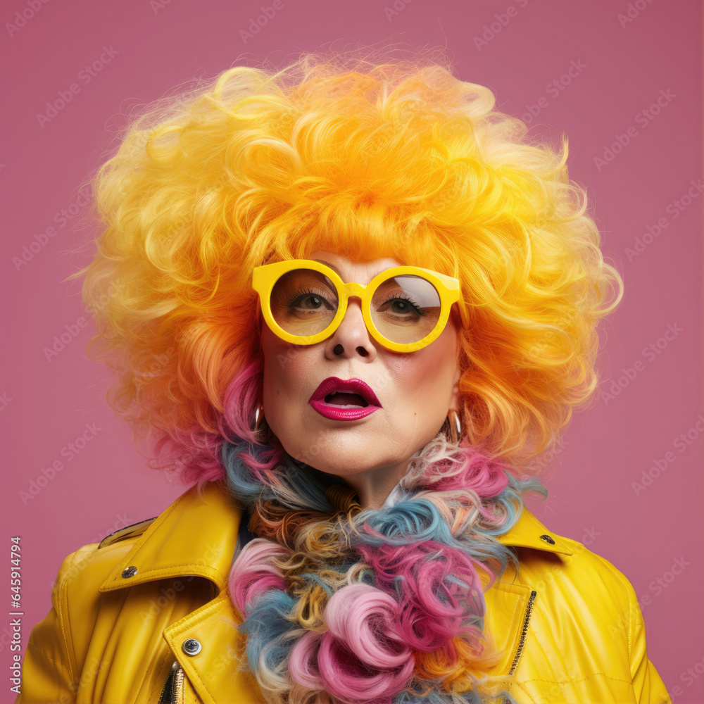 A strange old woman in a ridiculous bright yellow and pink outfit. City folk.