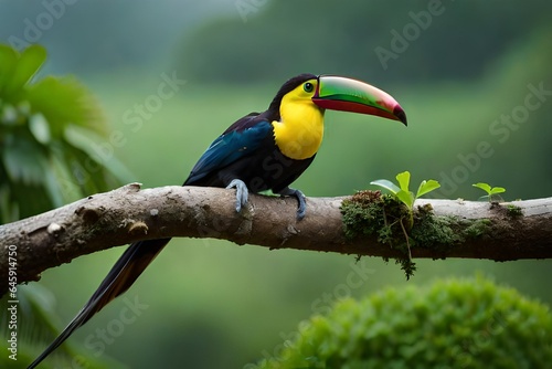 Bird with open bill, Chesnut-mandibled Toucan sitting on the branch in tropical rain with green jungle in background. Wildlife scene from nature