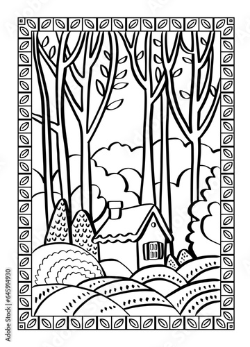 Coloring book with fairy forest and cottege  wooden house