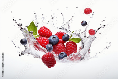 Fresh raspberry and blueberry fall into water splash in white background