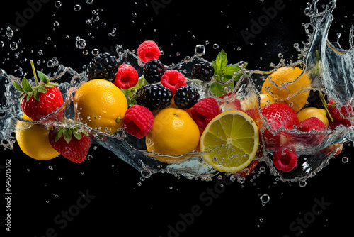 Fresh summer fruit slices splash into water in dark background