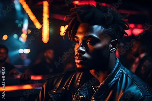 a handsome young black man with a serious expression on his face in a dark nightclub