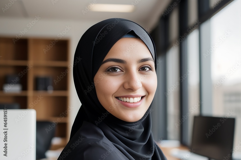 Portrait of a Smiling Muslim Woman Wearing a Hijab in an Office Setting Portrait of a Smiling Muslim Woman Wearing a Hijab in an Office Setting
