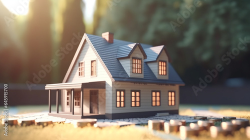 Real estate concept. House model and coins on a meadow. generative ai