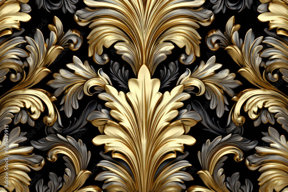 Opulent Baroque Seamless Pattern in Luxurious Gold: Exquisite 3D Rendering of Ornate Elegance and Timeless Glamour - obrazy, fototapety, plakaty 