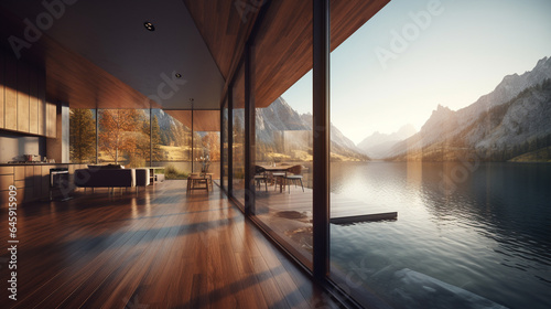 3D rendering of Modern house in sea and mountains in background real estate concept generative ai © Graphicsstudio 5