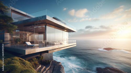 3D rendering of Modern house in sea and mountains in background real estate concept generative ai