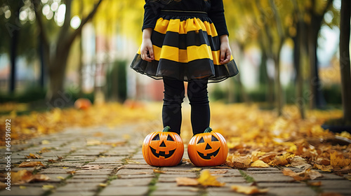 child with pumpkin in autumn park, littlegirl wearing a Halloween costume standing in autumn park, spooky Haloween pumpkins laying at her feet, waist down photo photo