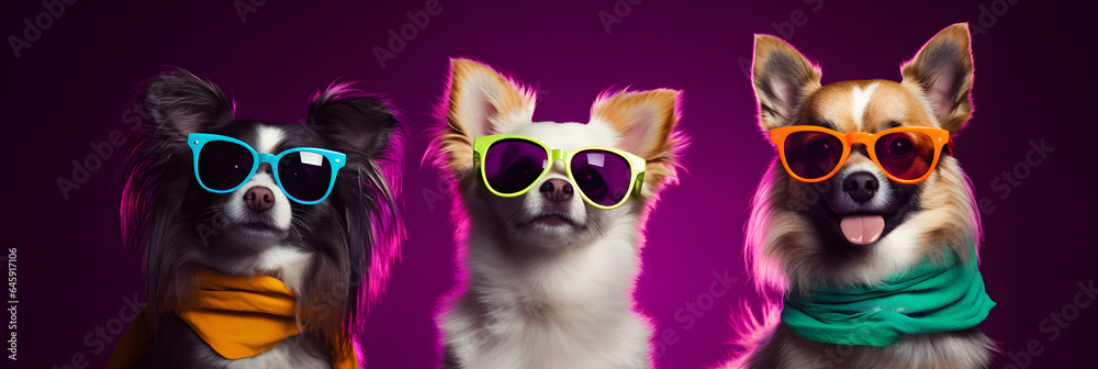 funny studio portrait of 3 chihuahua wearing colourful sunglasses