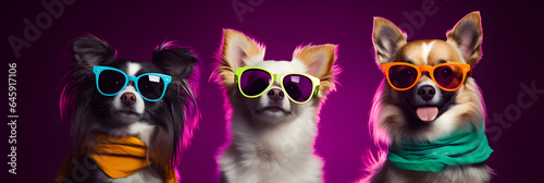 funny studio portrait of 3 chihuahua wearing colourful sunglasses