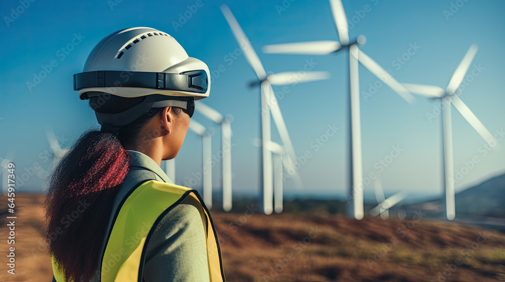 Back view of woman engineer standing against turbines on wind turbine farm. Back view of woman engineer standing against turbines on wind turbine farm.