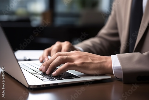 hand of businessman pressing laptop keyboard on table, folder