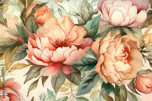 Seamless pattern with peony flowers. Pastel colors. generative ai