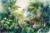 Watercolor painting of palm trees in tropical forest. Nature background. generative ai