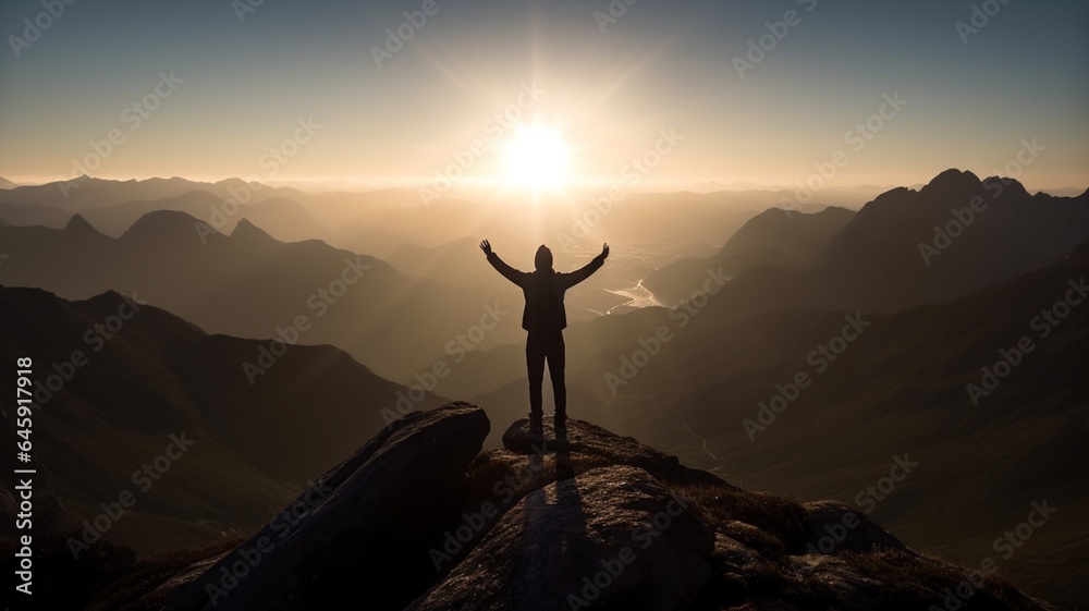Silhouette of a man standing on top of a mountain with his arms raised up. 3D rendering generated ai