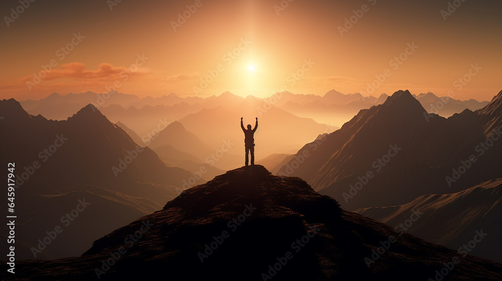 Silhouette of a man standing on top of a mountain with his arms raised up. 3D rendering generated ai
