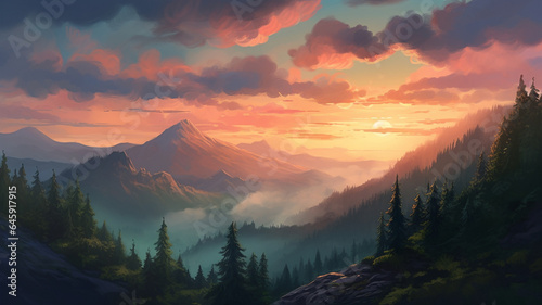 Fantastic sunrise over the mountain range. 3d render illustration generative ai © Graphicsstudio 5
