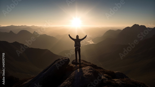 Silhouette of a man standing on top of a mountain with his arms raised up. 3D rendering generated ai © Graphicsstudio 5
