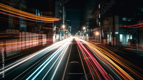 light trails on the street at night in shanghai china. generative ai