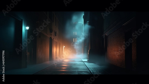 Street with fog in the city at night. 3D rendering. generative ai