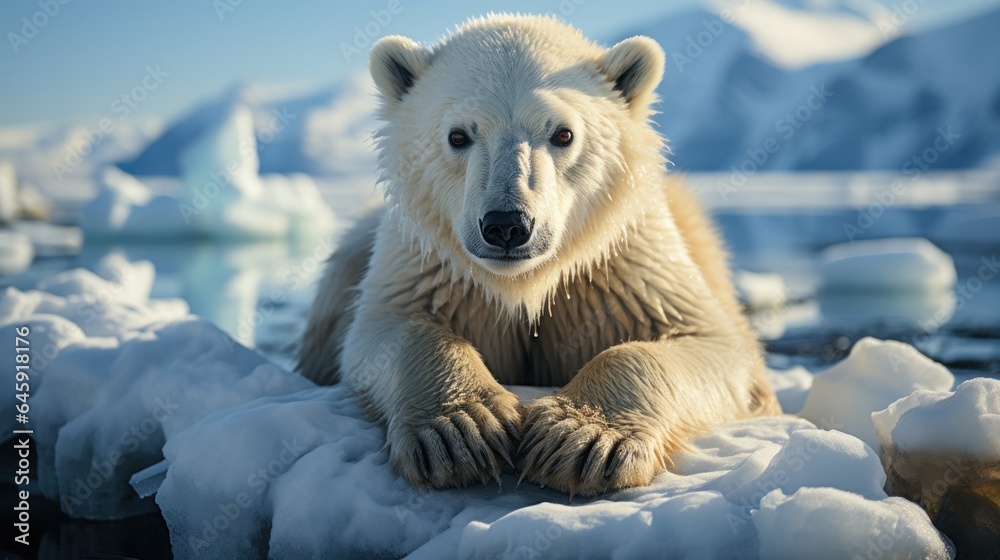 A lone polar bear stands on a melting glacier. 