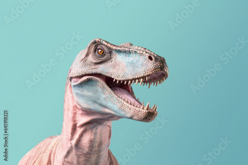 Head of pastel colored dinosaur with open mouth and sharp teeth on blue background