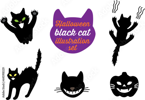 Editable spooky cute and fun halloween black cat hissing, intimidating, pumpkin, jack o'lantern and head vector illustration cartoon icon set for background