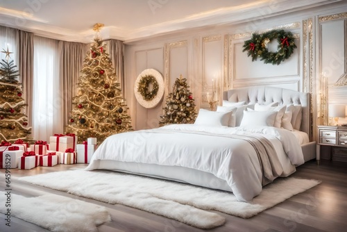 Christmas tree with gifts and decorations bedroom with sofa and bed