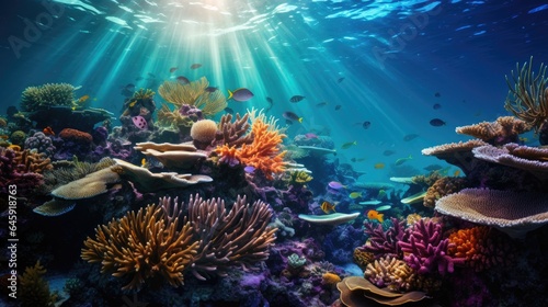  Vibrant underwater scene in the Red Sea with colorful coral reefs, marine life, and dappled sunlight creating a magical atmosphere.