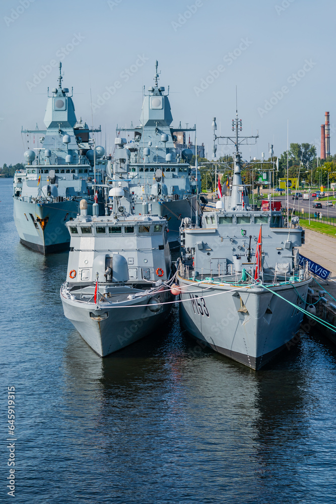 German navy warship fleet parked in Riga, Latvia marine for NATO alliance military exercises German navy warship fleet parked in Riga, Latvia marine for NATO alliance military exercises