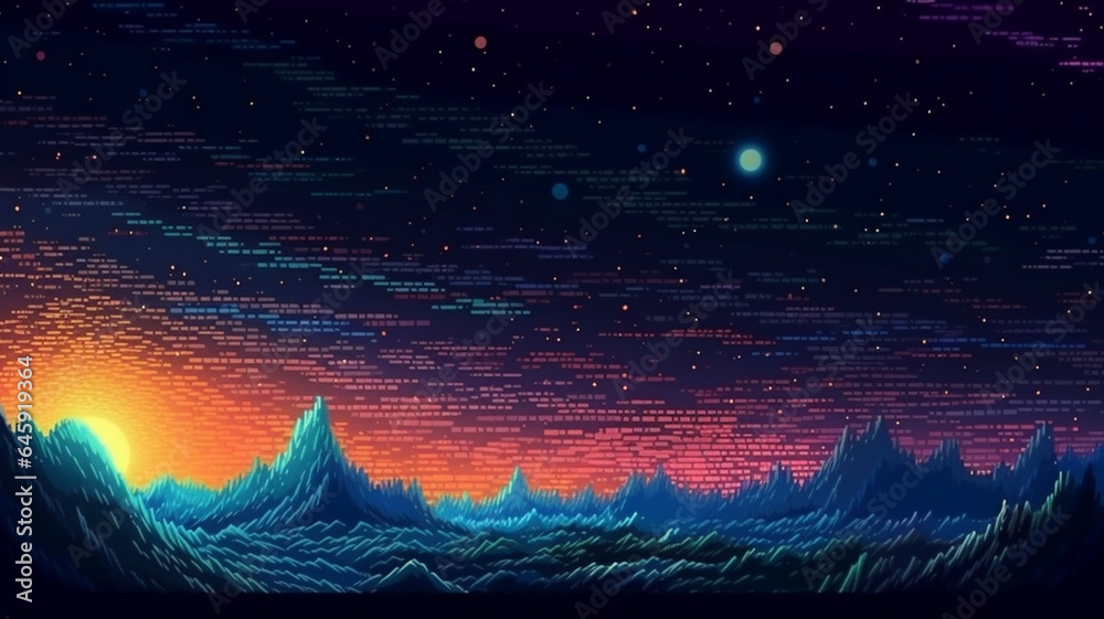 Futuristic landscape with mountains at sunset. Deep space. Vector illustration. generative ai