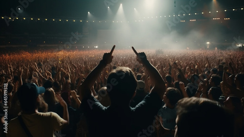 Crowd in front of the stage during a live concert, with hands raised in the air generative ai
