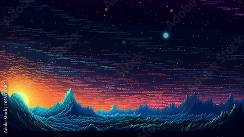 Futuristic landscape with mountains at sunset. Deep space. Vector illustration. generative ai