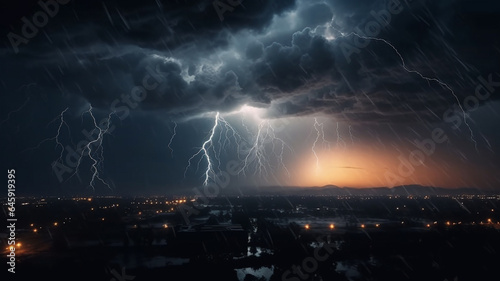 Lightning and thunderstorm over the city at night. 3D rendering generative ai