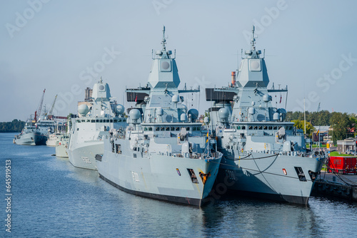 German navy warship fleet parked in Riga, Latvia marine for NATO alliance military exercises