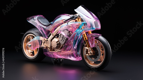 Futuristic bike of acrylic glass or motorcycle concept of future in neon translucent transparent plexiglass. Retro futuristic racing sport streamline motorbike in 3D glass for wallpaper