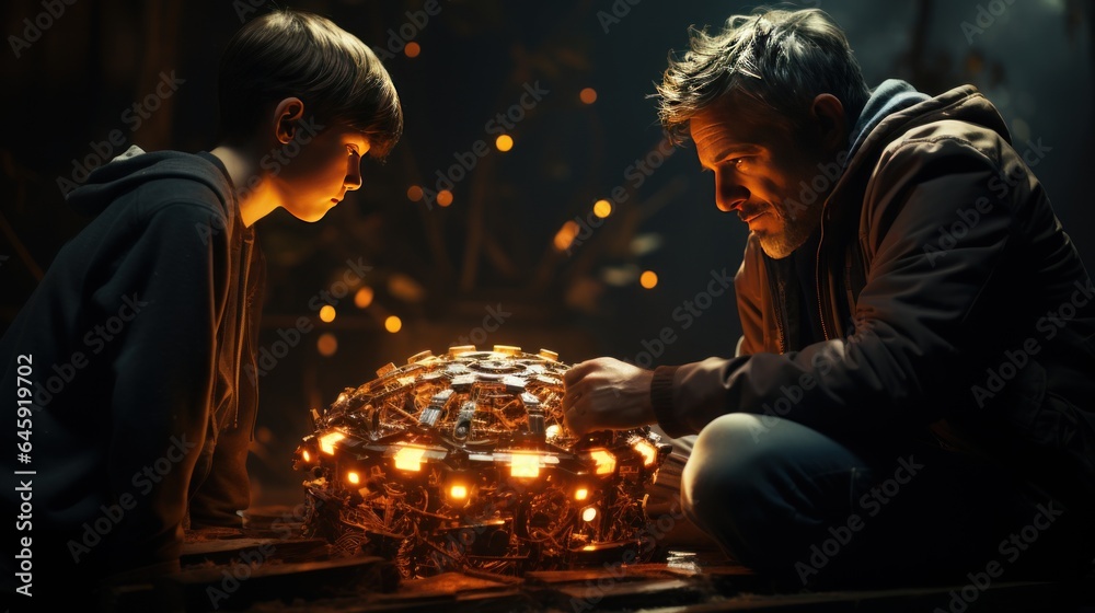 A human and a robot sitting together in a circle of light, sharing knowledge and insights. A human and a robot sitting together in a circle of light, sharing knowledge and insights.