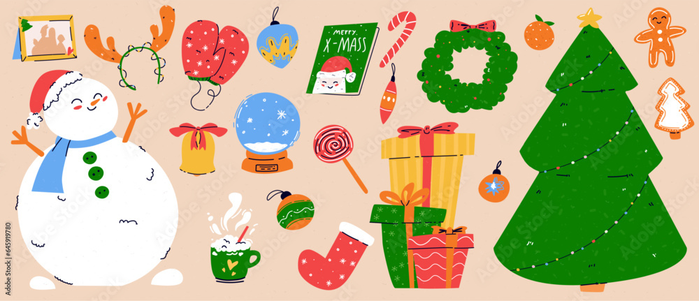 Set of vector Christmas elements with snowman and a bunch of presents, family photo frame, tangerine and glass ball with snow. Trendy illustration with retro dust texture. Set of vector Christmas elements with snowman and a bunch of presents, family photo frame, tangerine and glass ball with snow. Trendy illustration with retro dust texture.