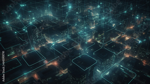 Global network connection over night cityscape. 3D rendering double exposure generative ai