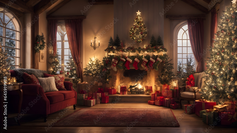 Christmas celebration in room with firewood, cozy environment AI generated