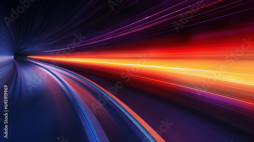 Speed car lights in motion blur. Night city tunnel road lights. Luminous car trails in dynamic long exposure.