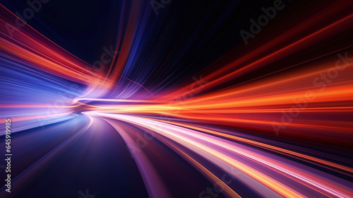 Speed car lights in motion blur. Night city tunnel road lights. Luminous car trails in dynamic long exposure.