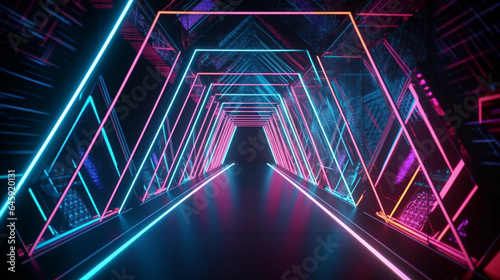 3D abstract background with neon lights. neon tunnel. 3d illustration generative ai