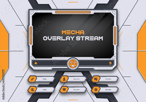 Set of modern mecha robot design elements for overlay game streaming screen panel. Game frame for streamers and online video.