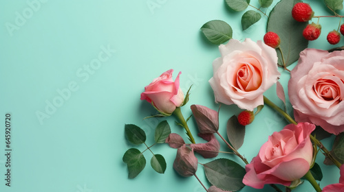 Flowers composition Frame made of pink roses on pastel top view copy space generated ai