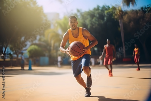 Basketball player playing basketball at the sport ground , sportsman with a ball over basketball court background. Outdoor courtyard sport concept