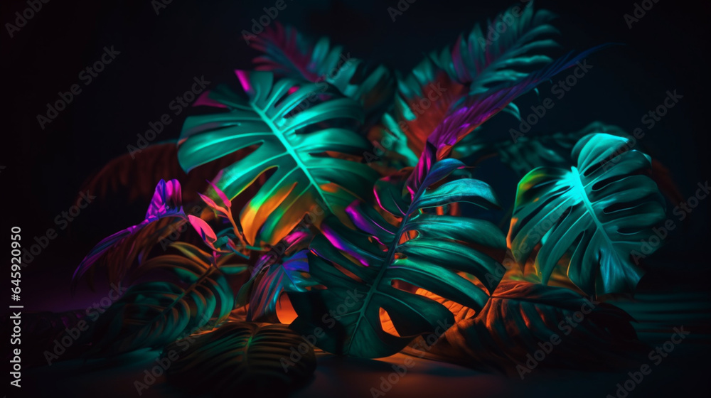 Tropical background with palm leaves and neon light frame. 3d illustration generative ai